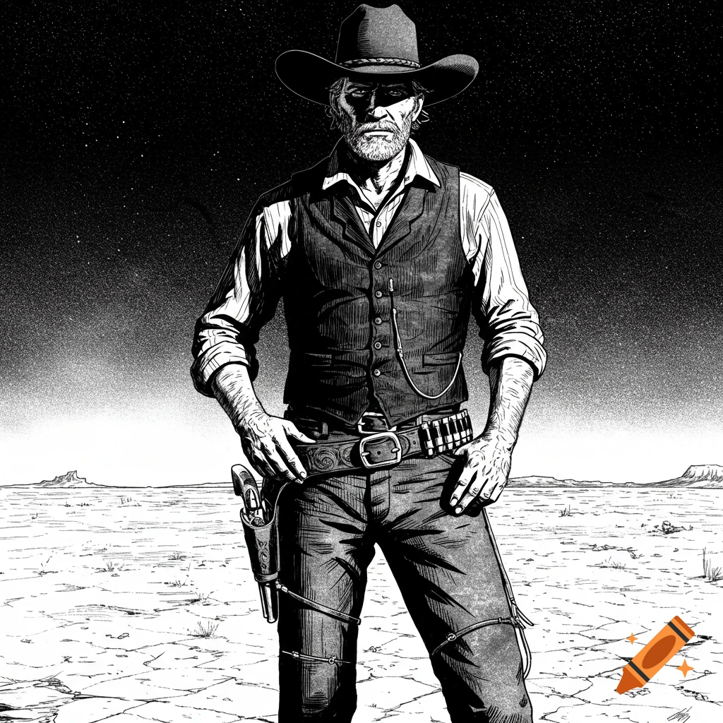 A black and white drawing of a rugged cowboy wearing a hat and vest, standing with his hands on his belt in a barren landscape.