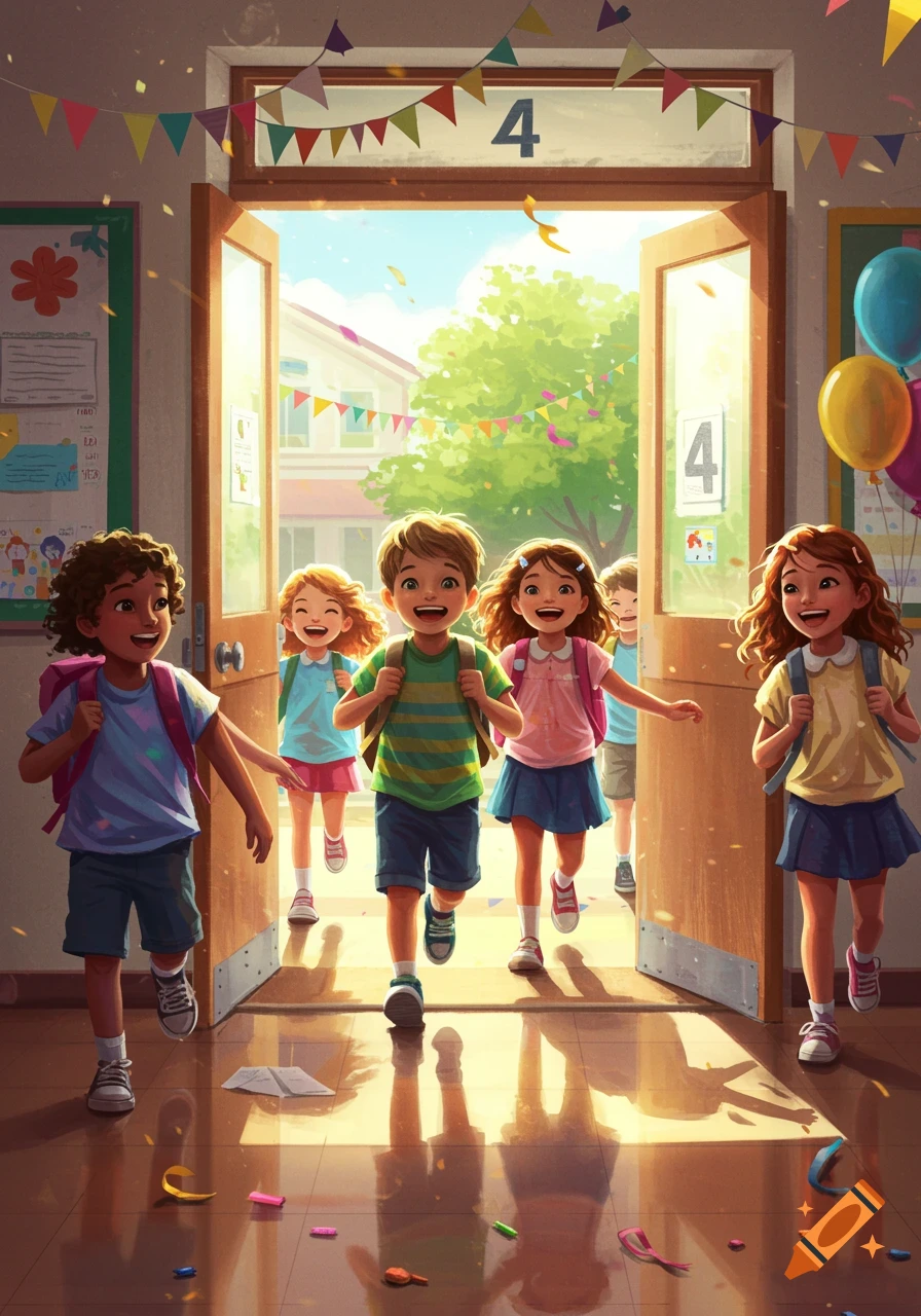 Happy elementary school children with backpacks running out of a classroom door on a sunny day, illustration style.