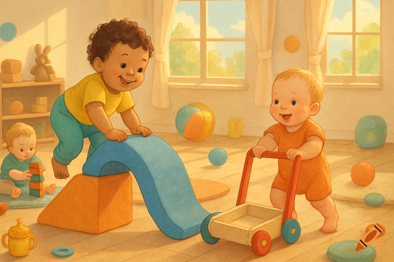 A colorful illustration shows three happy babies playing in a brightly lit playroom with toys. One baby crawls on a soft play structure, another pushes a toy walker, and a third stacks blocks.