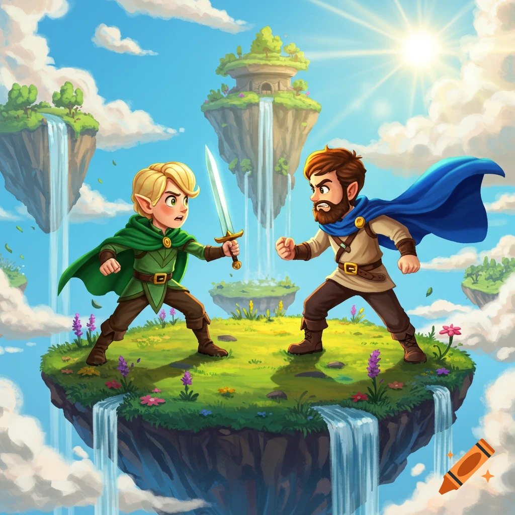 Cartoon characters, an elf with a sword and a bearded man, ready to fight on a floating island with waterfalls under a sunny sky.
