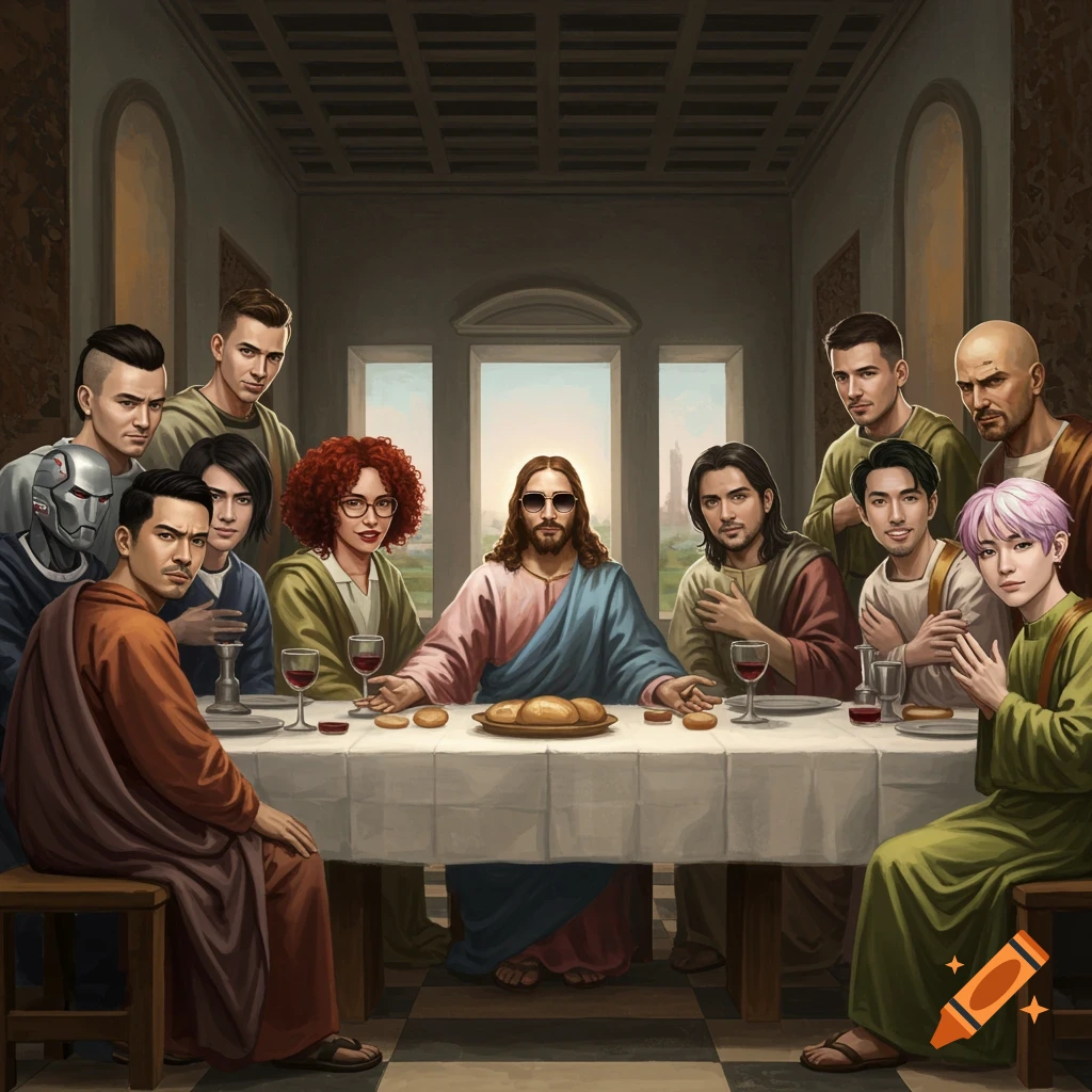 A modern digital painting parody of The Last Supper, featuring King Cobra JFS as Jesus with sunglasses and other internet figures as disciples.