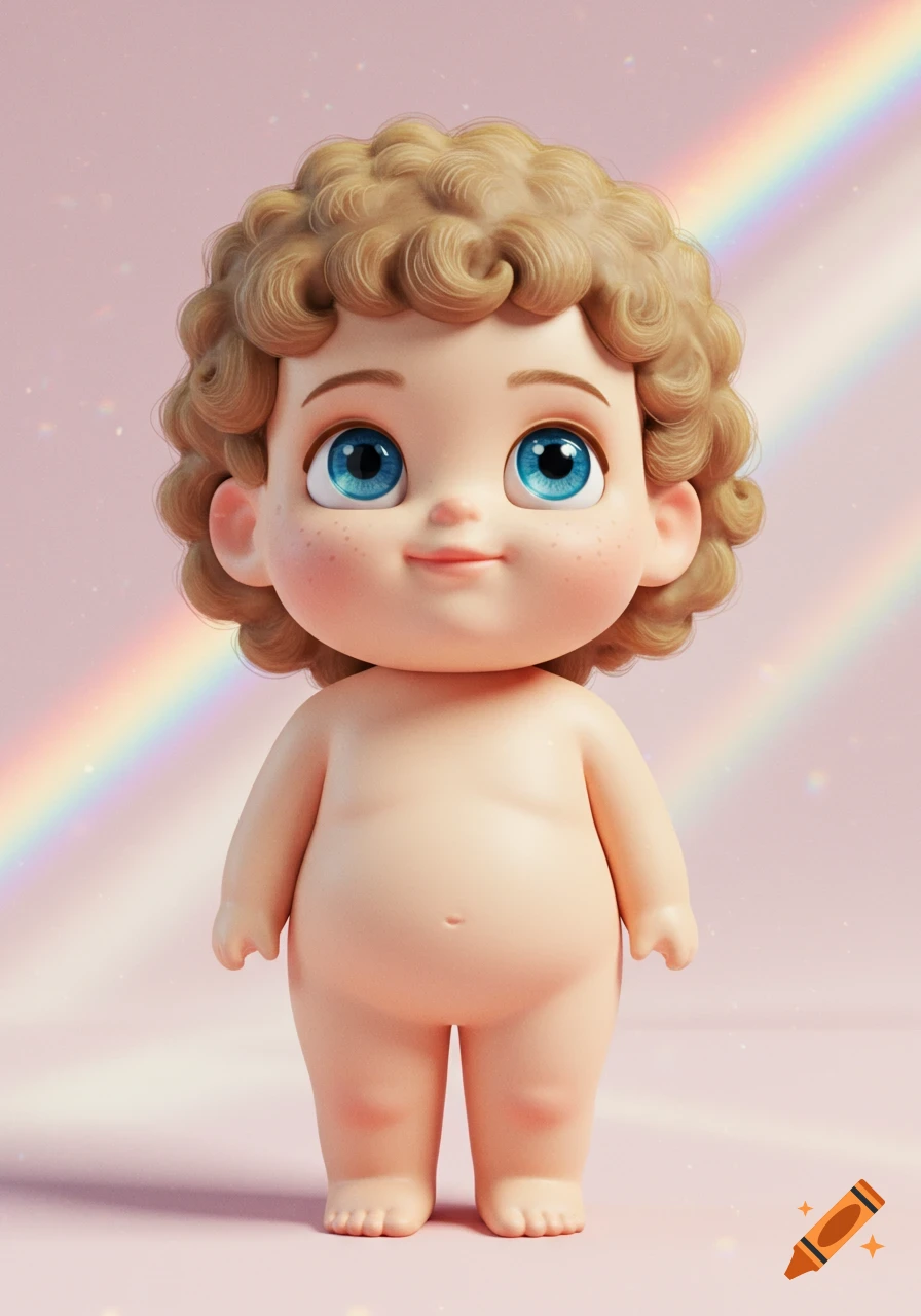 Cute, chubby Sonny Angel doll with curly blonde hair and big blue eyes on a pink background with a rainbow.