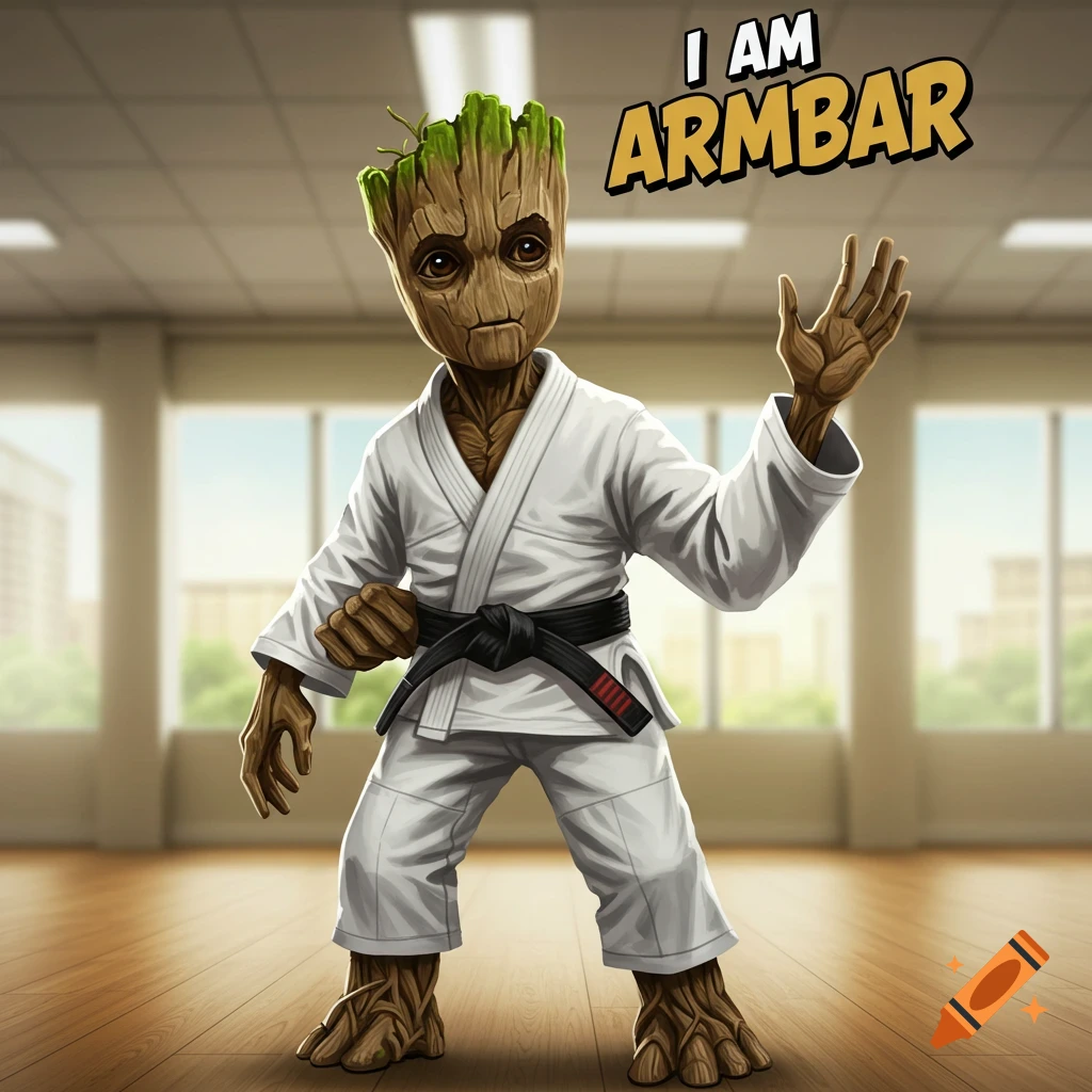 Cartoon illustration of Groot in a white jiu-jitsu gi with a black belt, standing in a dojo, with the text 'I AM ARMBAR' overhead.