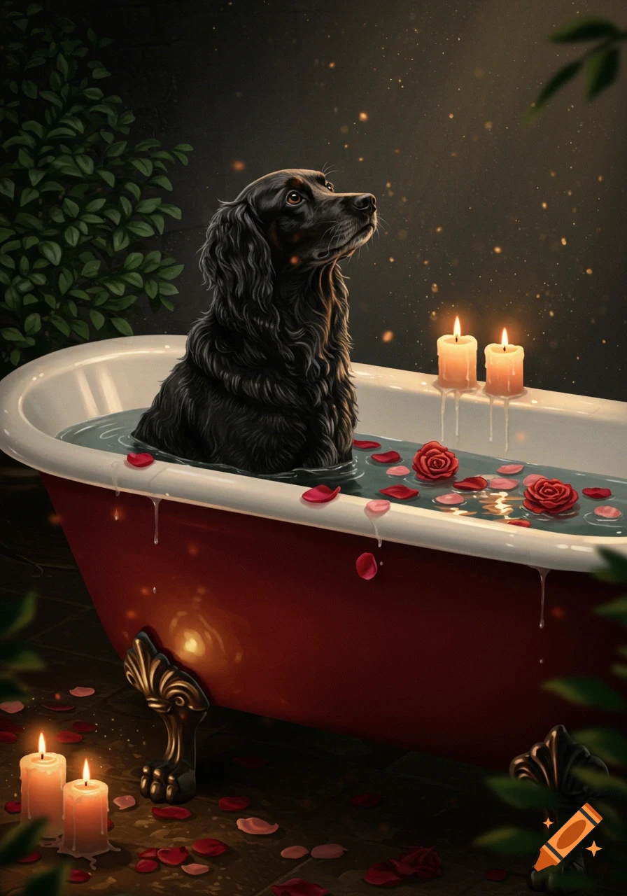 A black dog sits in a red clawfoot bathtub filled with water and red rose petals, lit by candles in an artistic, painterly style.