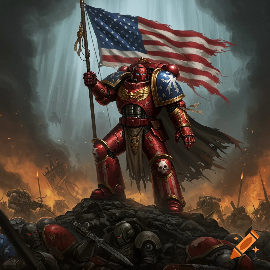 A red and blue armored Space Marine stands heroically on defeated foes amidst a fiery battlefield, holding a tattered American flag.
