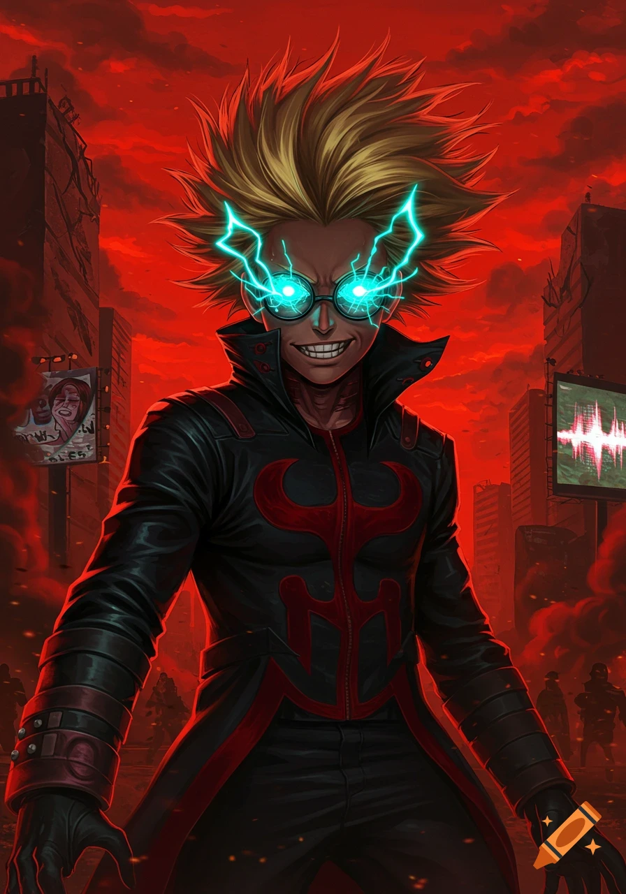Anime villain with spiky blond hair, glowing blue lightning eyes and menacing grin in black and red coat against red, destroyed city.