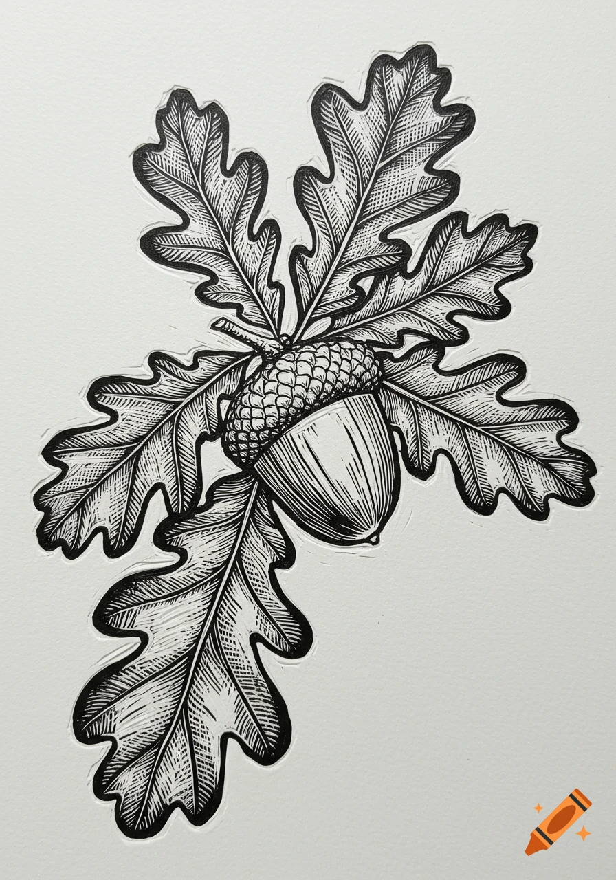 Black and white linocut print of an acorn and oak leaves.