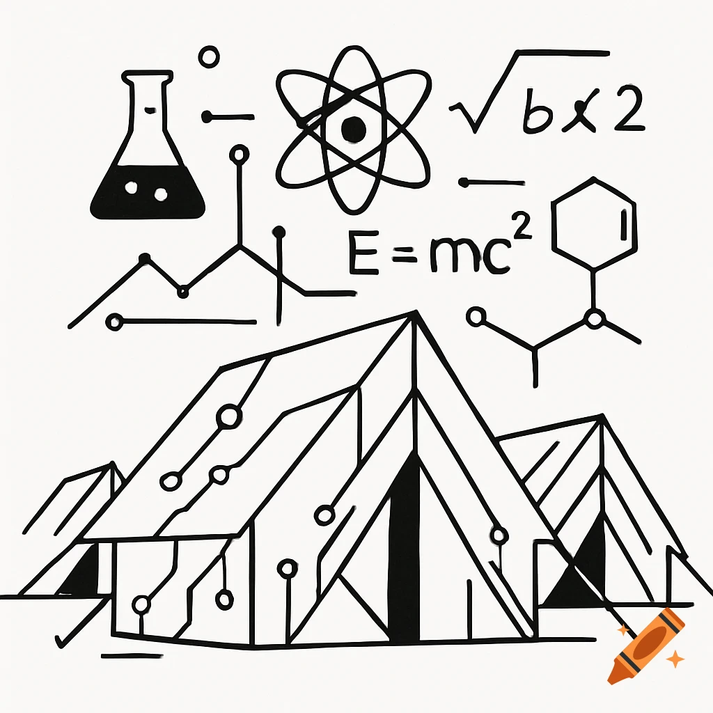 Black and white line art combining scientific symbols like an atom and formulas, with outlines of tents.