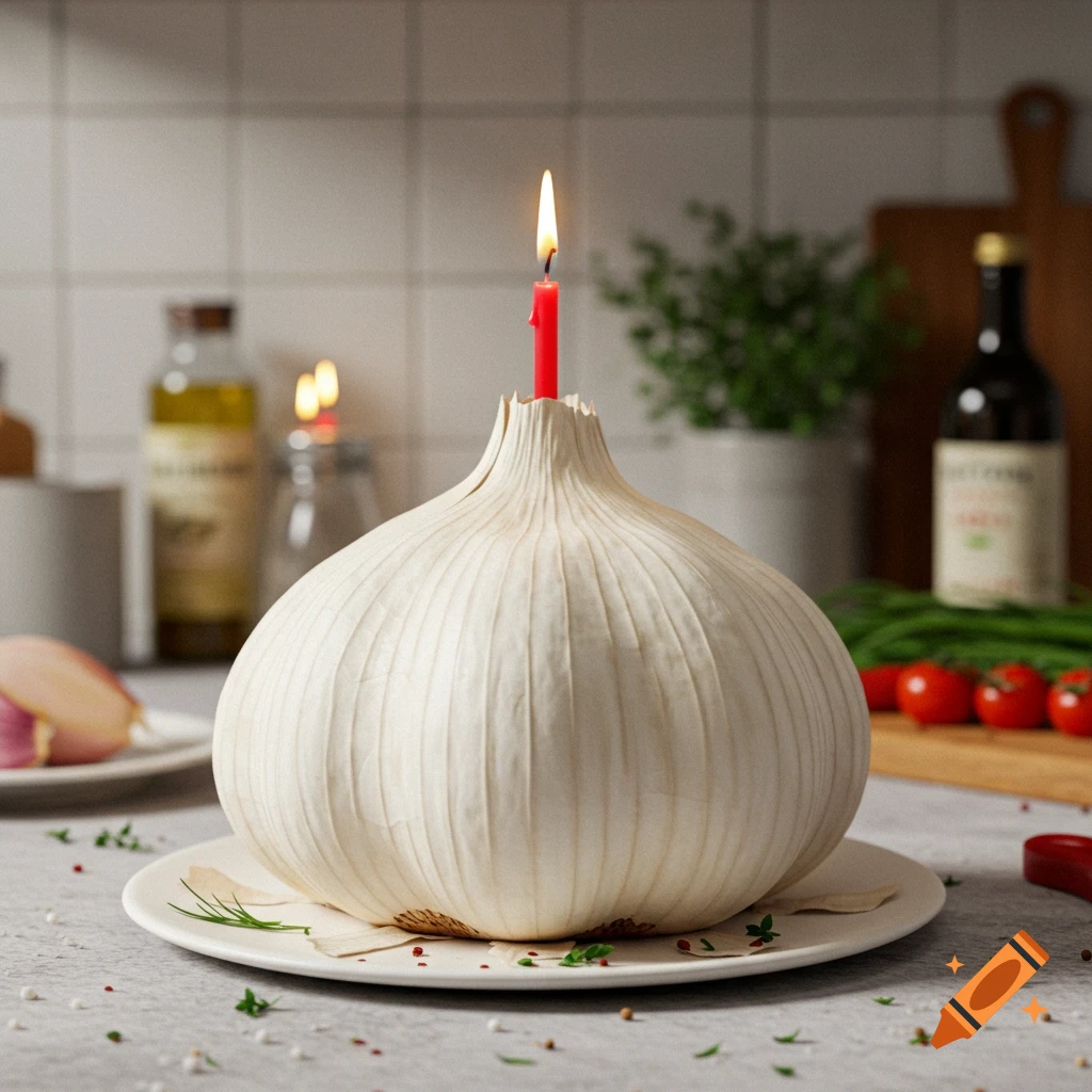 A photorealistic image of a giant white garlic clove shaped like a birthday cake, topped with a lit red candle, on a kitchen counter.