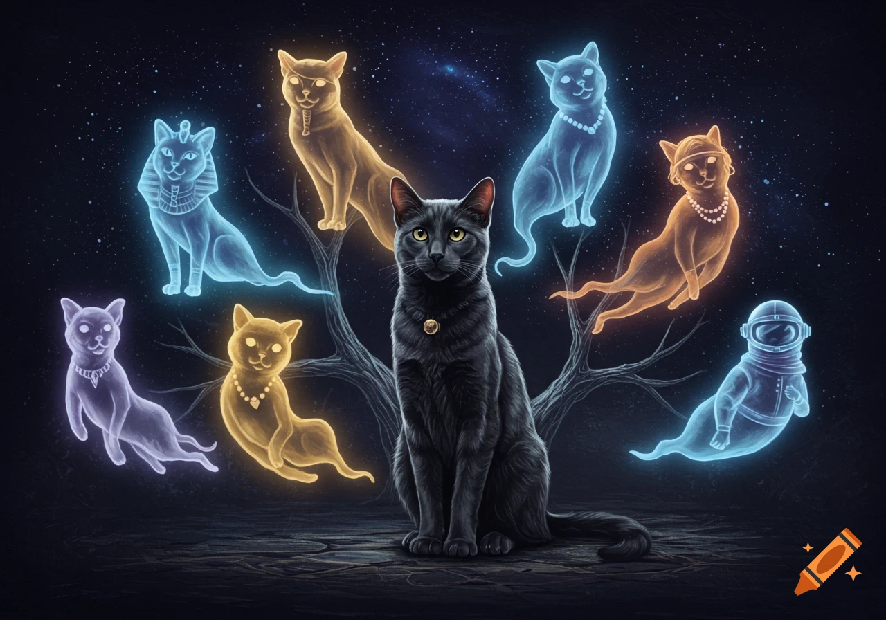 A black cat sits surrounded by glowing, translucent ghost cats in various historical and themed outfits against a starry night background.