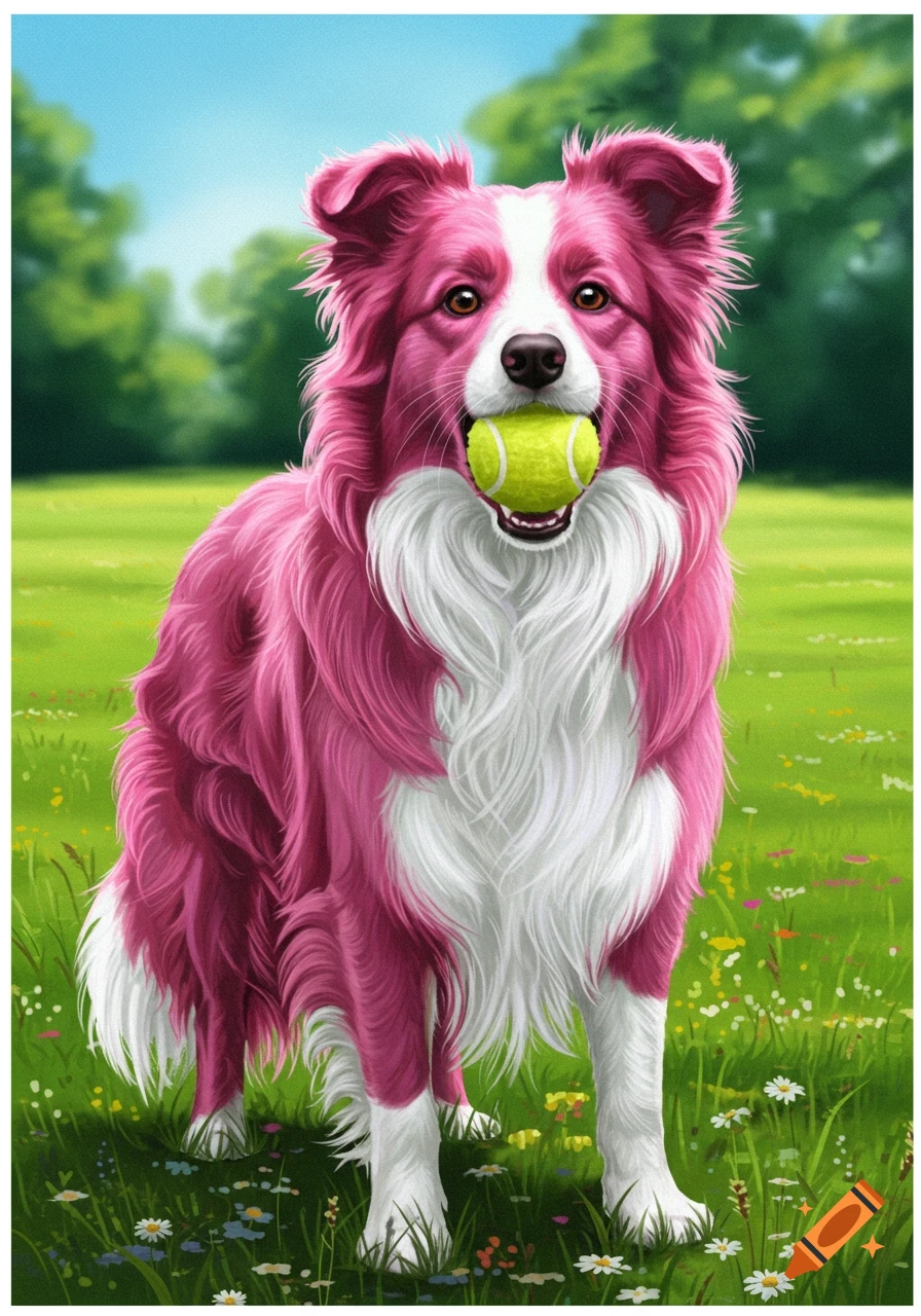 A pink and white border collie stands in a grassy field, holding a bright yellow tennis ball in its mouth.