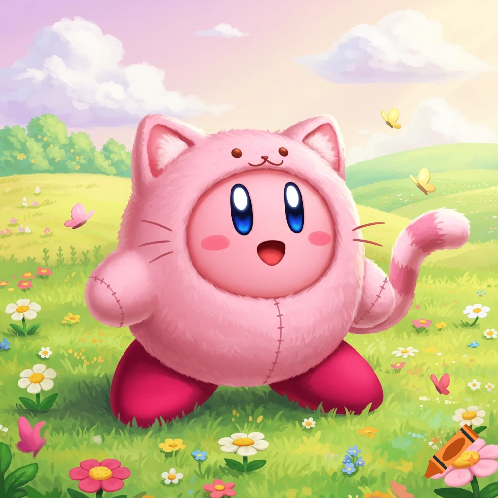 Kirby in a fluffy pink cat suit stands in a vibrant, cartoon-style field with colorful flowers and butterflies under a pastel sky.