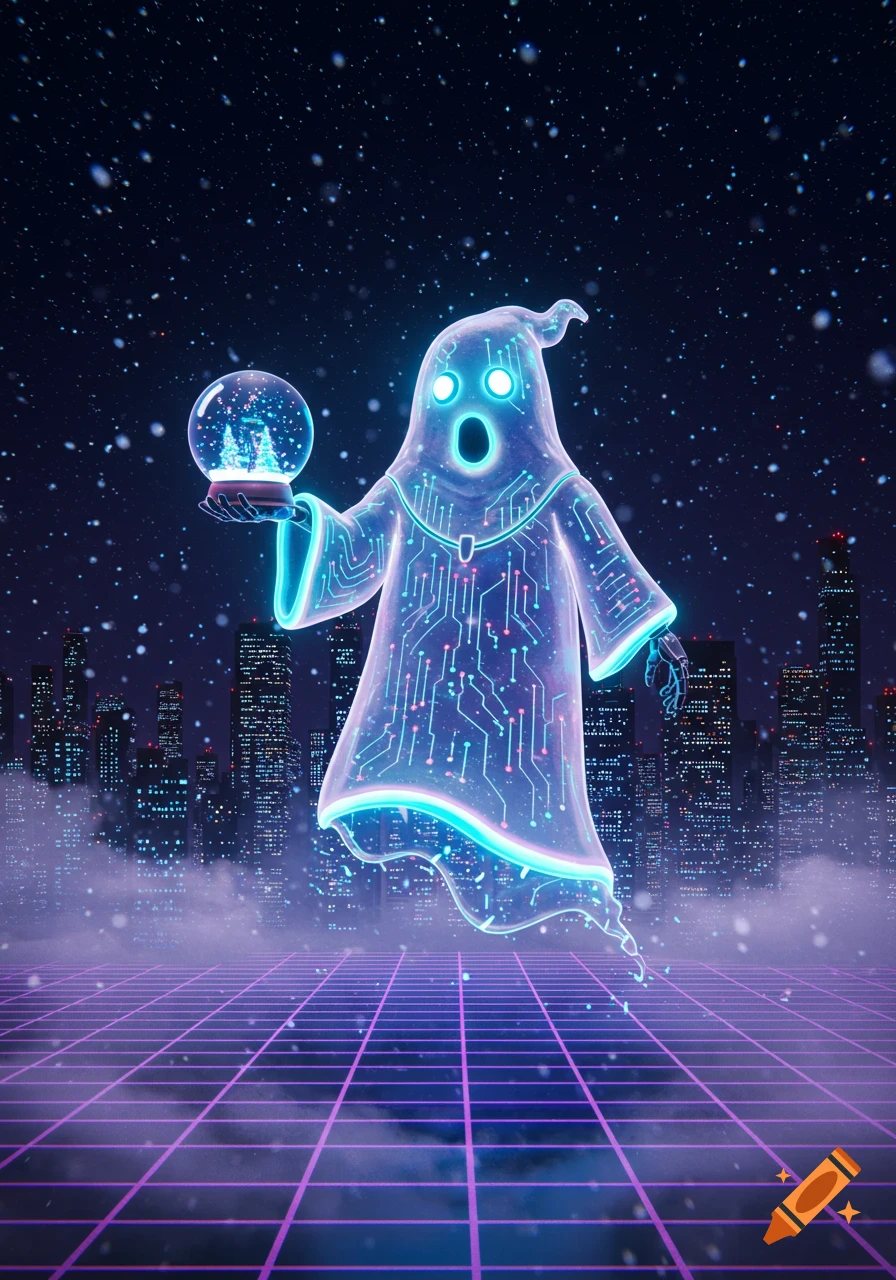 Glowing cybernetic ghost holding a snow globe floats over a futuristic cityscape with a purple grid, under a starry sky.