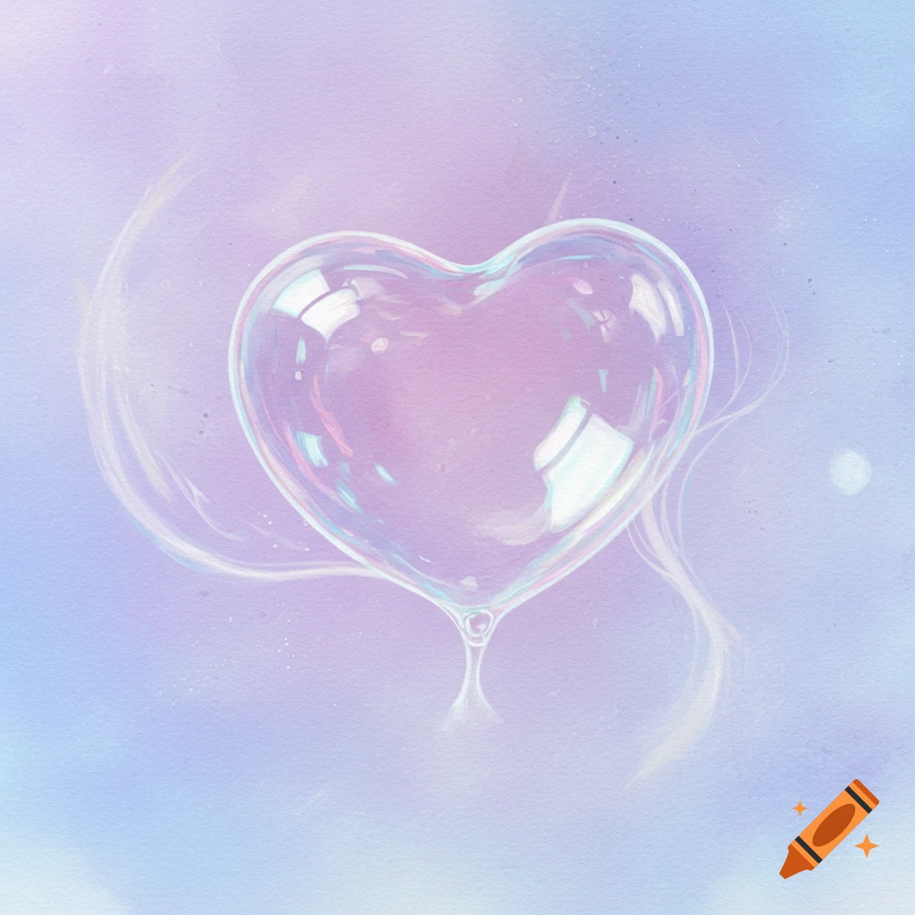 A translucent, iridescent heart-shaped bubble floats on a soft purple and blue watercolor background.