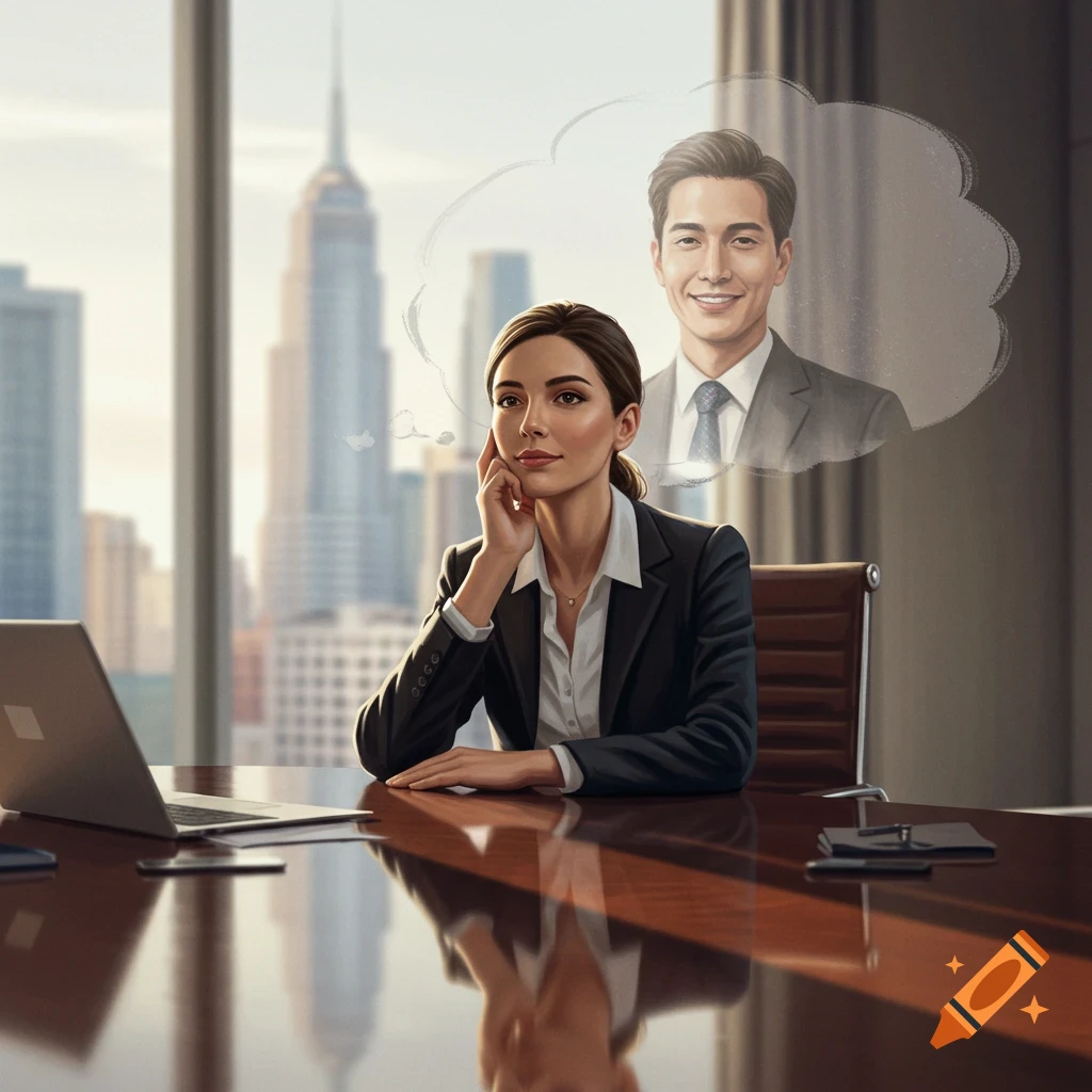 A female executive in an office setting looks up thoughtfully as a smiling man appears in a thought bubble above her head. Cityscape visible through the window.