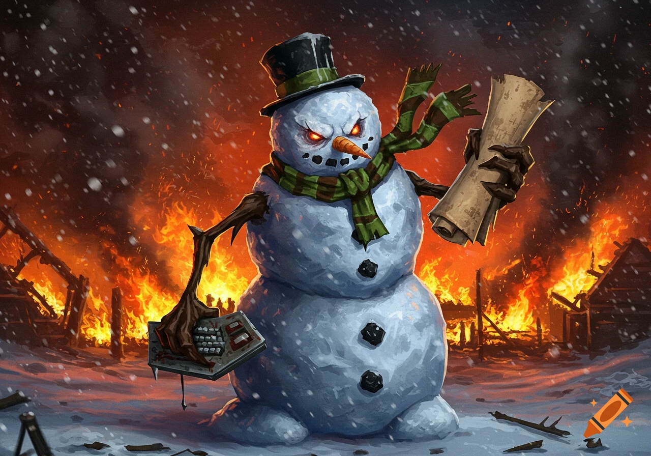 An angry, beast-like snowman with glowing red eyes and a green scarf stands in front of a burning village, holding a keyboard and a rolled-up map. Snow falls around him.