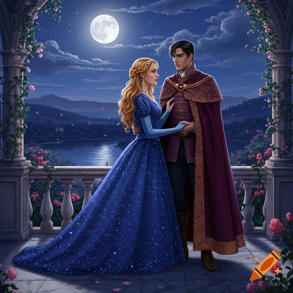A prince and princess stand on a moonlit balcony, holding hands, with a lake and mountains in the background.