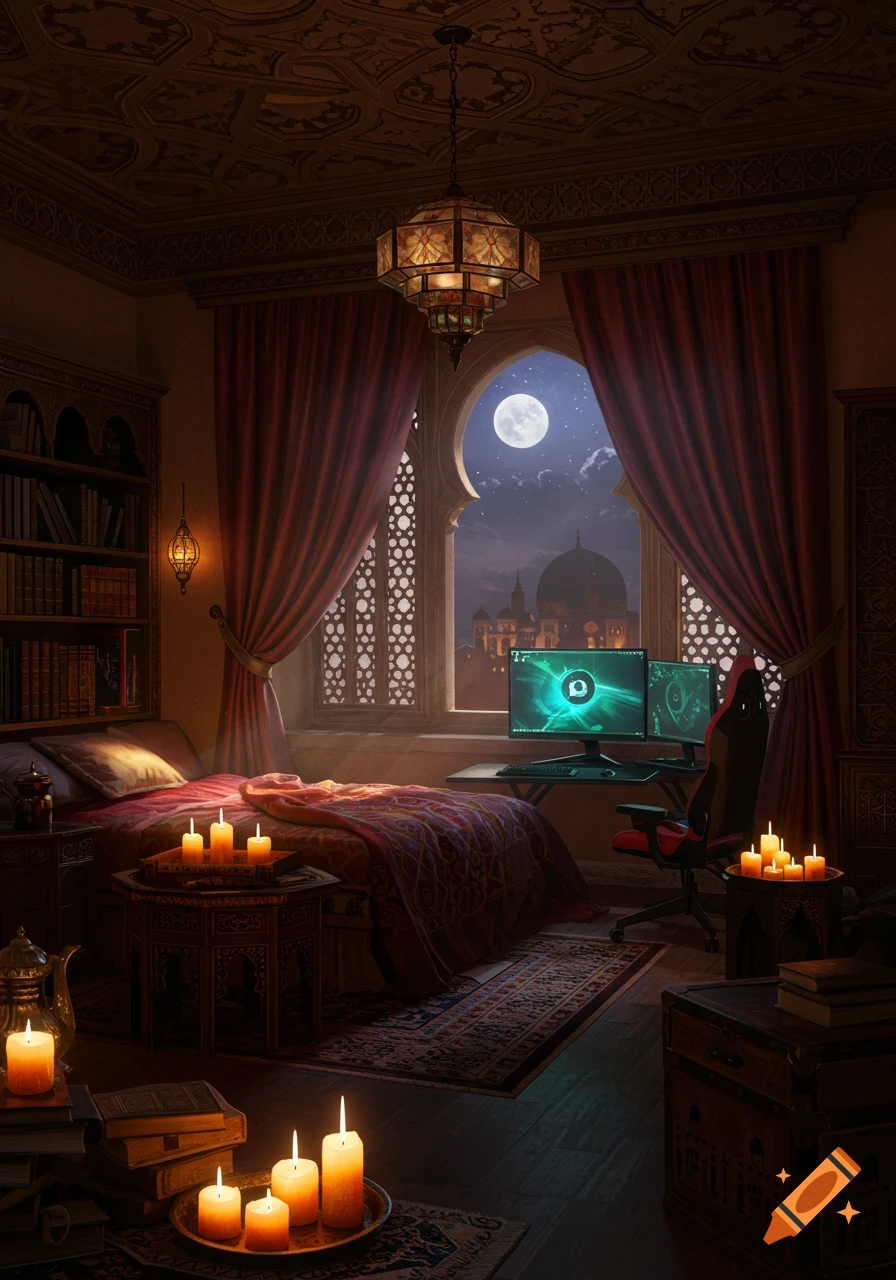 An ornate Arabian-style bedroom at night, with a gaming setup, bed, bookshelf, and lit candles, bathed in moonlight from an arched window.