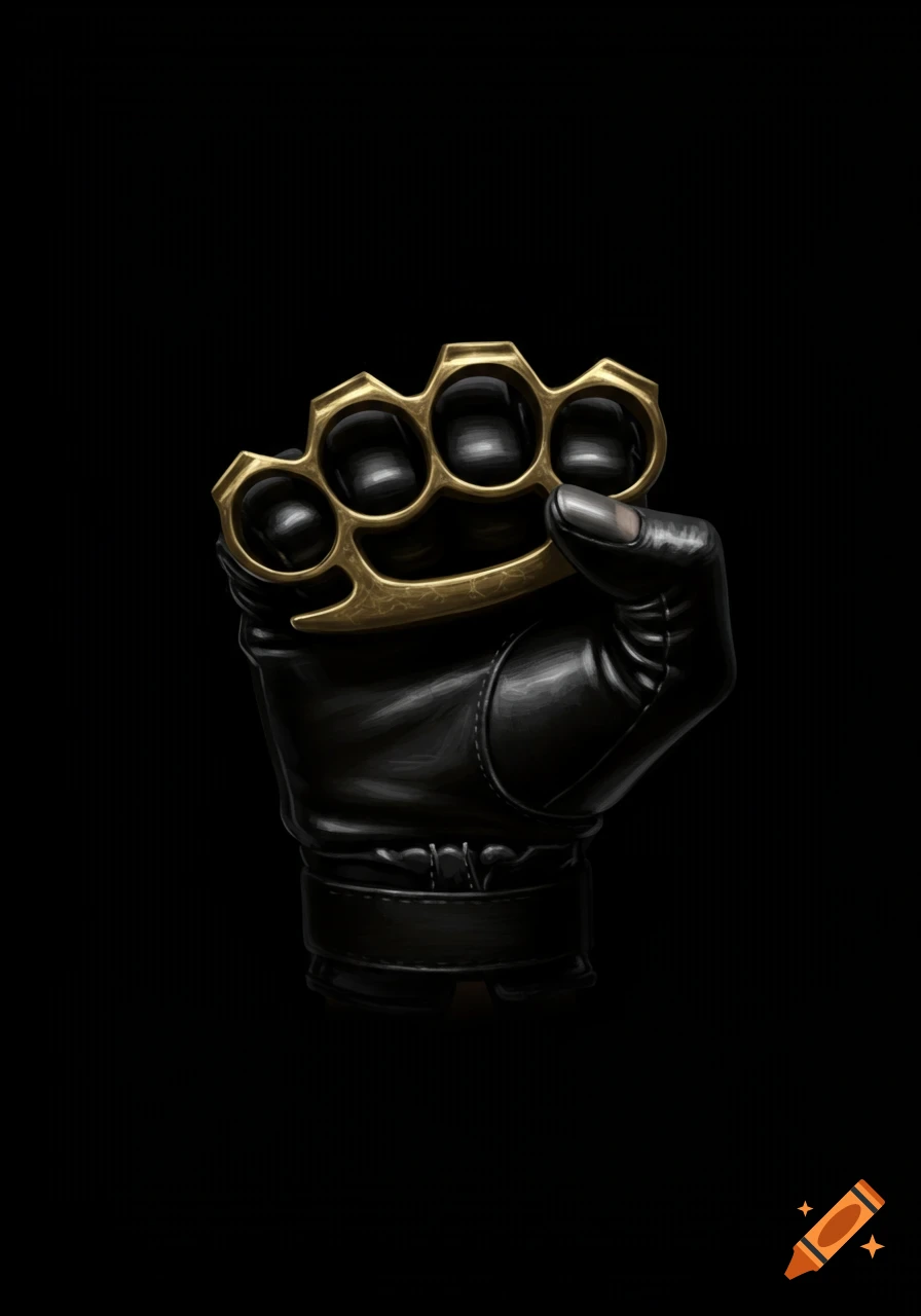 A clenched fist in a black leather glove holds golden brass knuckles against a pure black background.