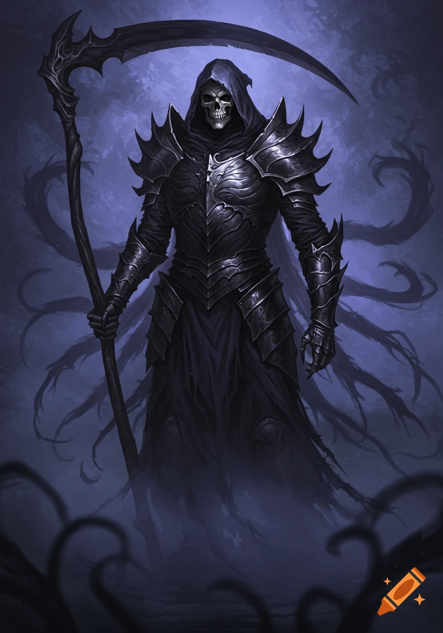 An ominous Grim Reaper in dark, spiky armor stands holding a scythe amidst purple mist.