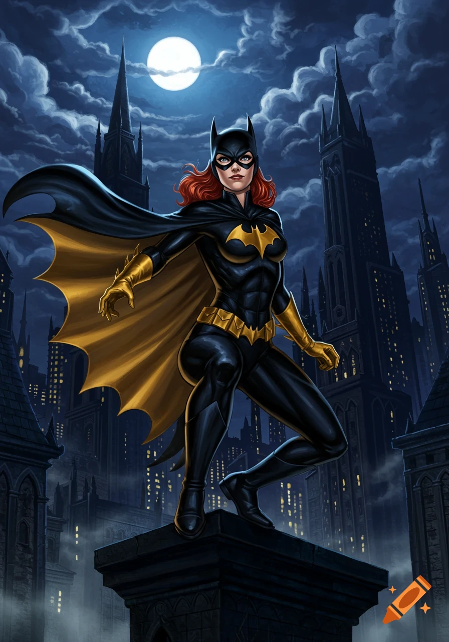 Batgirl in a black and gold suit stands confidently on a gothic city rooftop at night, under a full moon and cloudy sky.