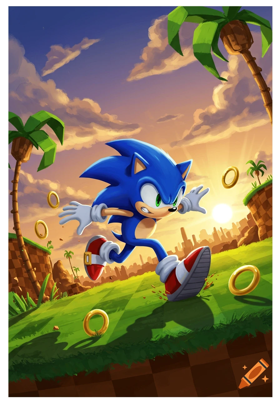 Sonic the Hedgehog runs on a grassy hill with golden rings and palm trees under a sunset sky, city in background. Cartoon illustration.