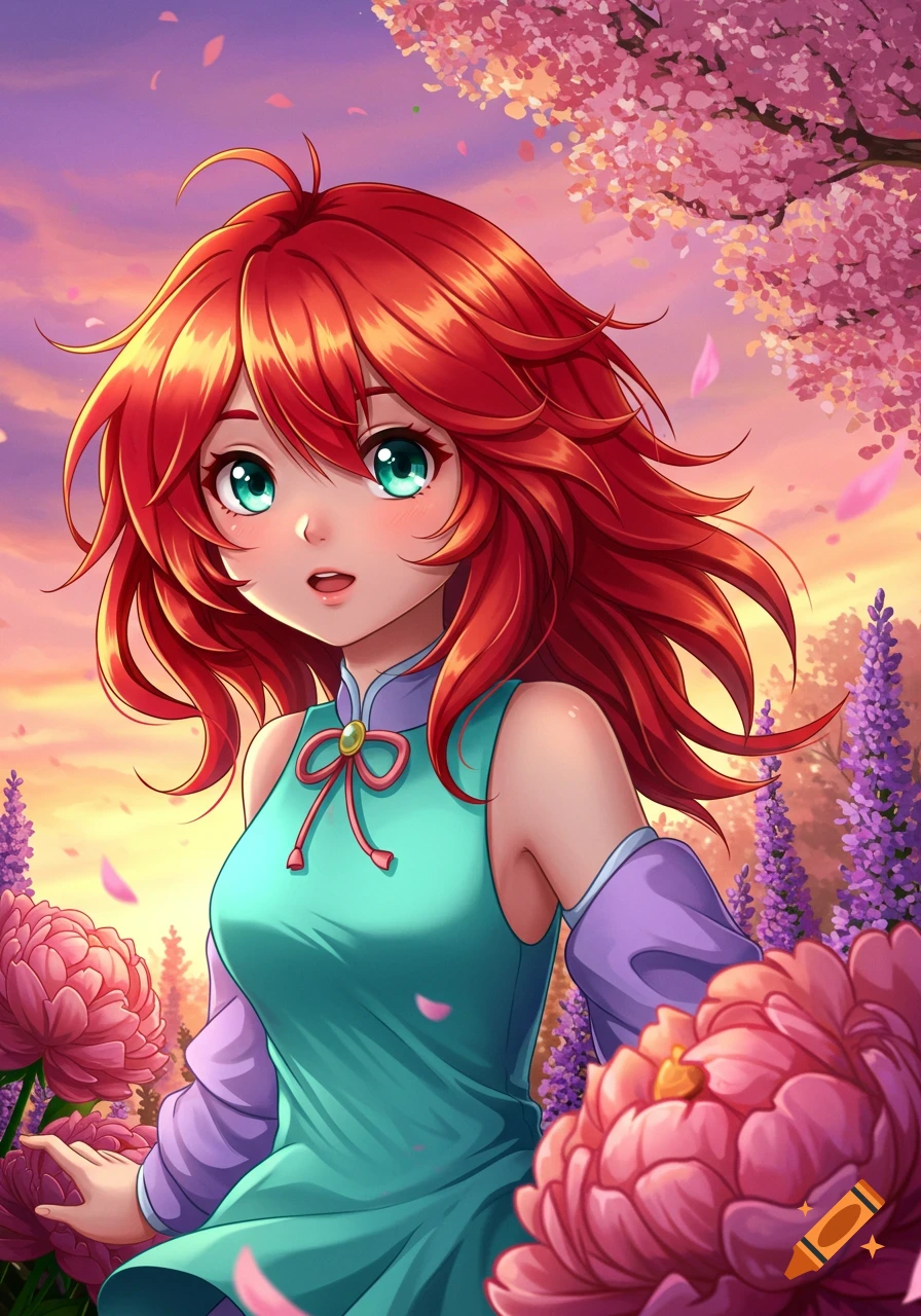 Red-haired anime girl with green eyes in a teal dress, surrounded by pink flowers and cherry blossoms at sunset.