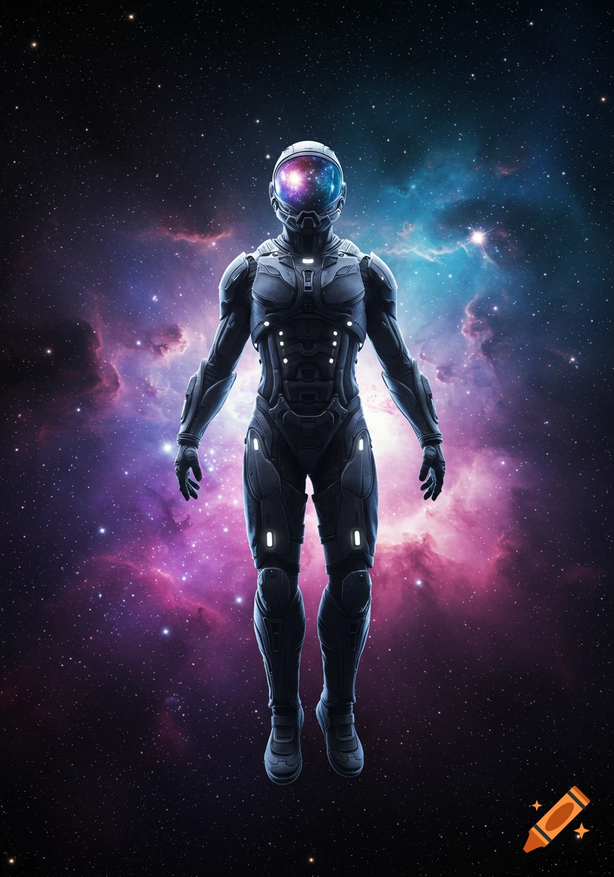 A highly detailed spaceman in a dark armored suit floats upright in space against a vibrant purple and blue nebula.