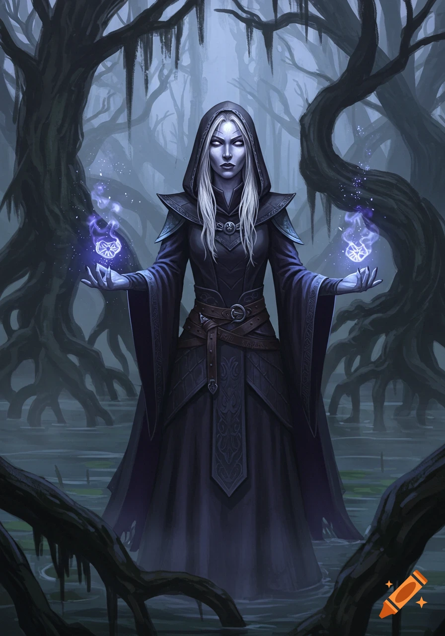A cloaked, pale-skinned figure with white hair stands in a misty swamp, holding glowing purple magic orbs in their hands.