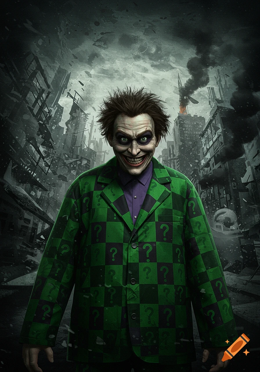 A psychotic-looking man resembling the Riddler in a green question-mark suit against a dark, chaotic, German expressionist city.