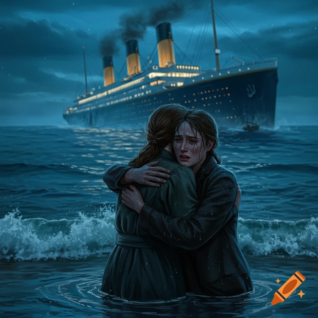 Two distressed women embrace in choppy waters as a large, sinking ship with illuminated windows looms in the dark background.