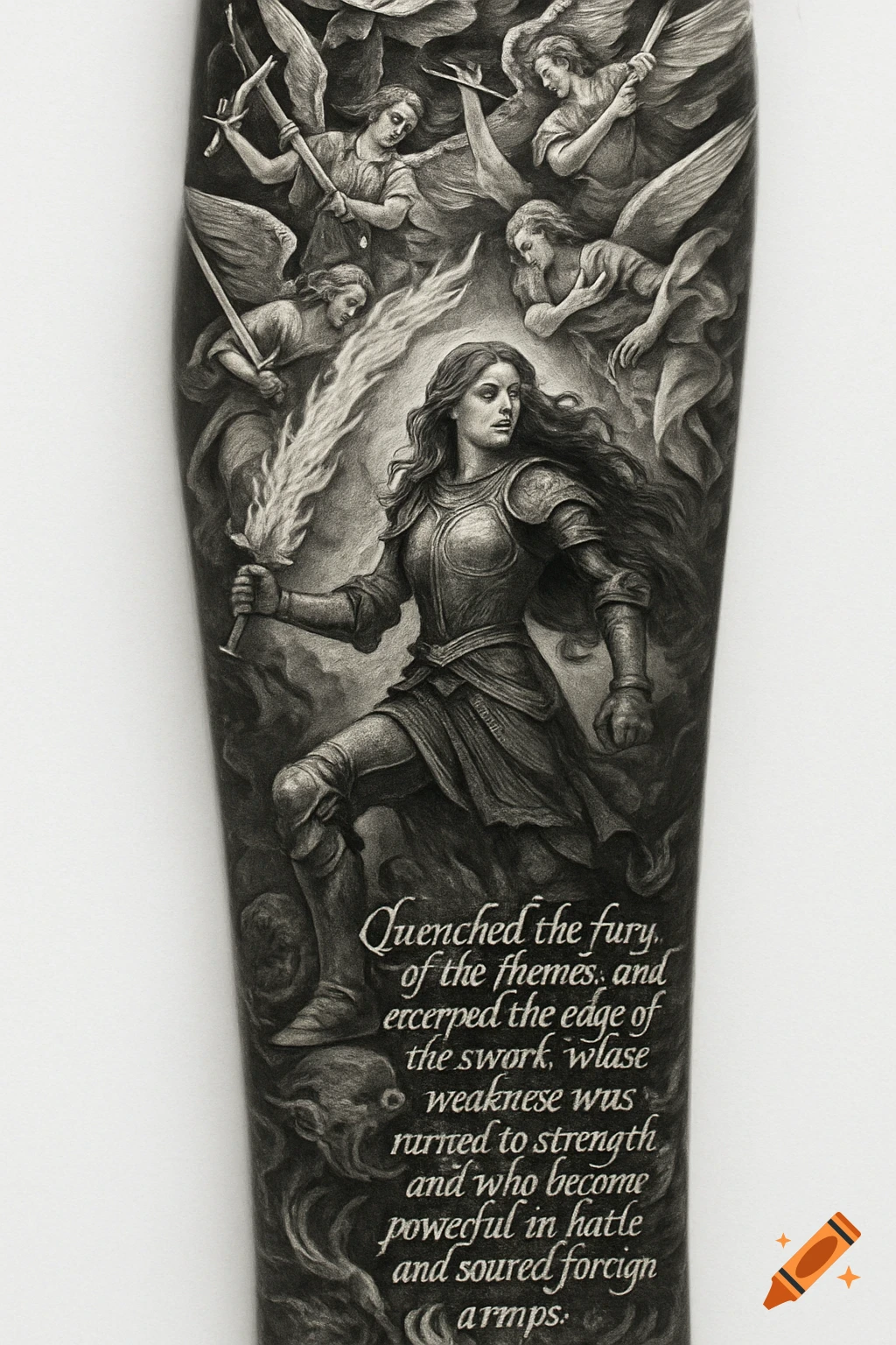 A monochromatic tattoo design of a female warrior in armor holding a flaming sword, surrounded by angels and standing over vanquished demons with illegible text below.