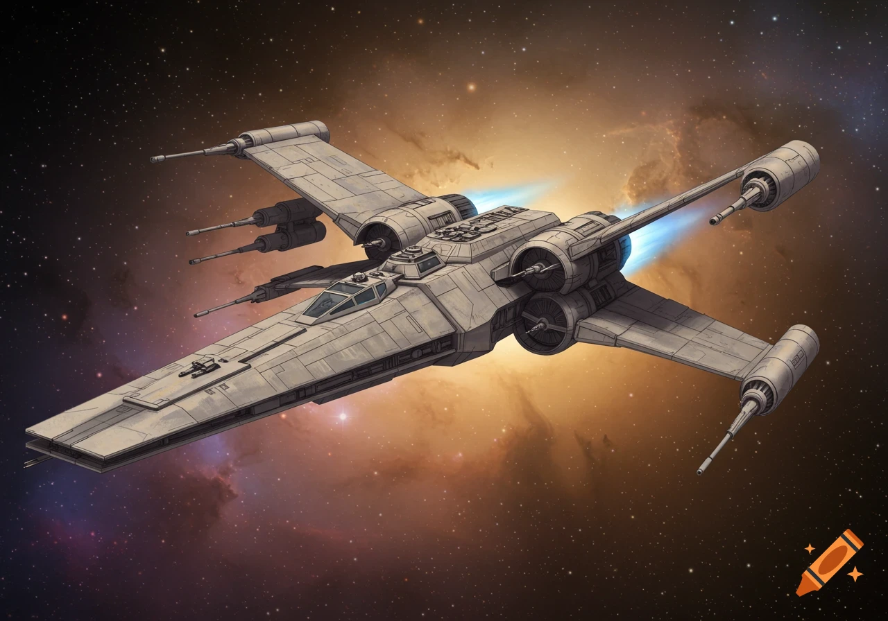 An angular sci-fi spaceship with glowing blue engines flies through a colorful nebula in space.