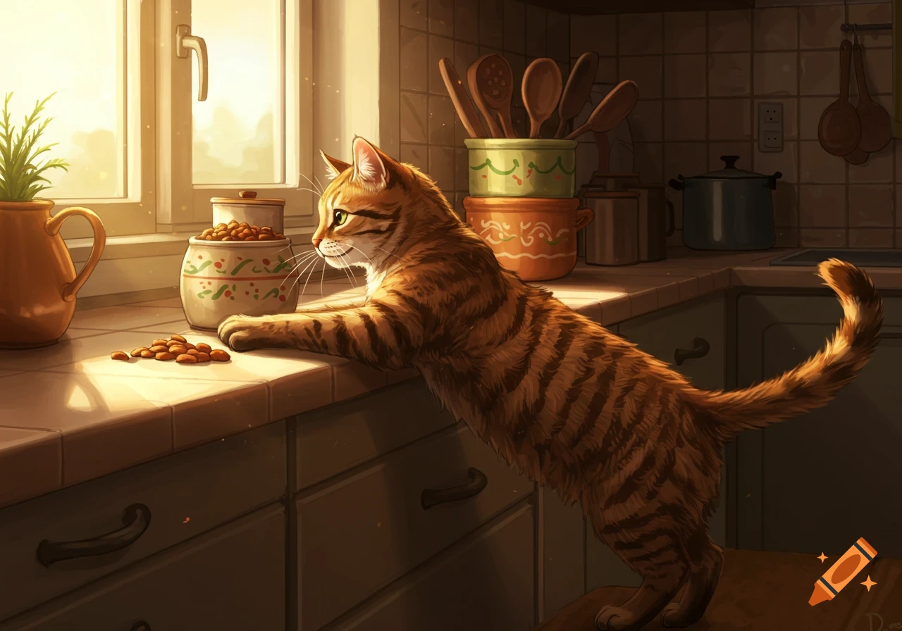 A tabby cat stands on its hind legs, reaching onto a kitchen counter with cat food, looking out a sunny window.