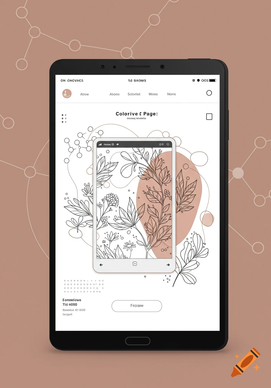 A dark tablet displays a white screen with an abstract digital illustration. The screen shows thin black line art of various plants and leaves, with some beige abstract shapes and small circles. A smaller, inset phone screen displays a similar plant illustration. The background is a solid beige with faint connected circles and lines.