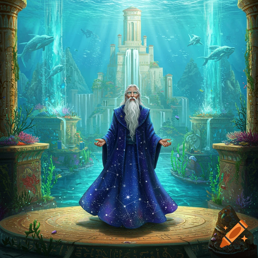 A wise old wizard with a long white beard and a starry blue robe stands on a platform in an elaborate underwater city resembling Atlantis, with waterfalls and marine life.
