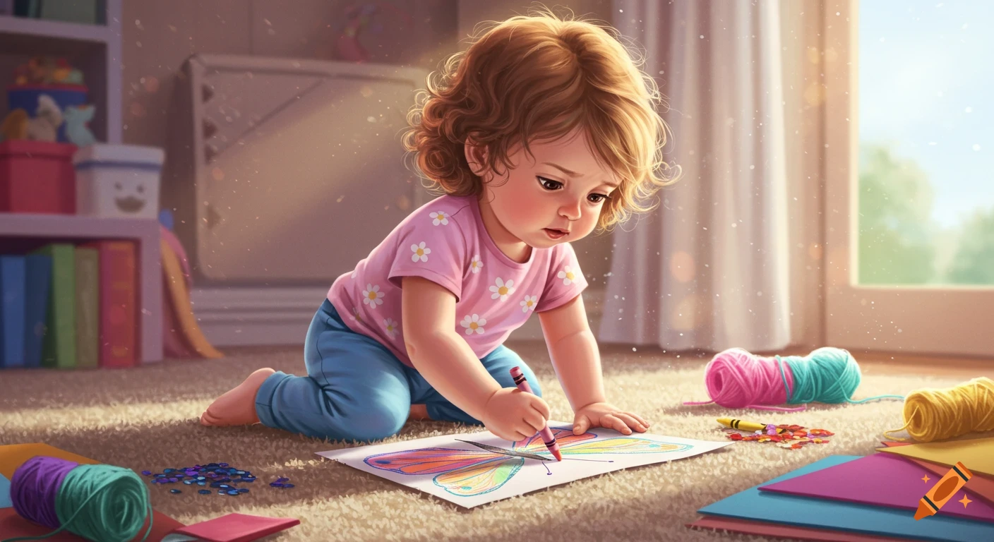 A cute toddler girl in a pink shirt and blue pants draws a colorful butterfly on paper while sitting on a fuzzy rug.