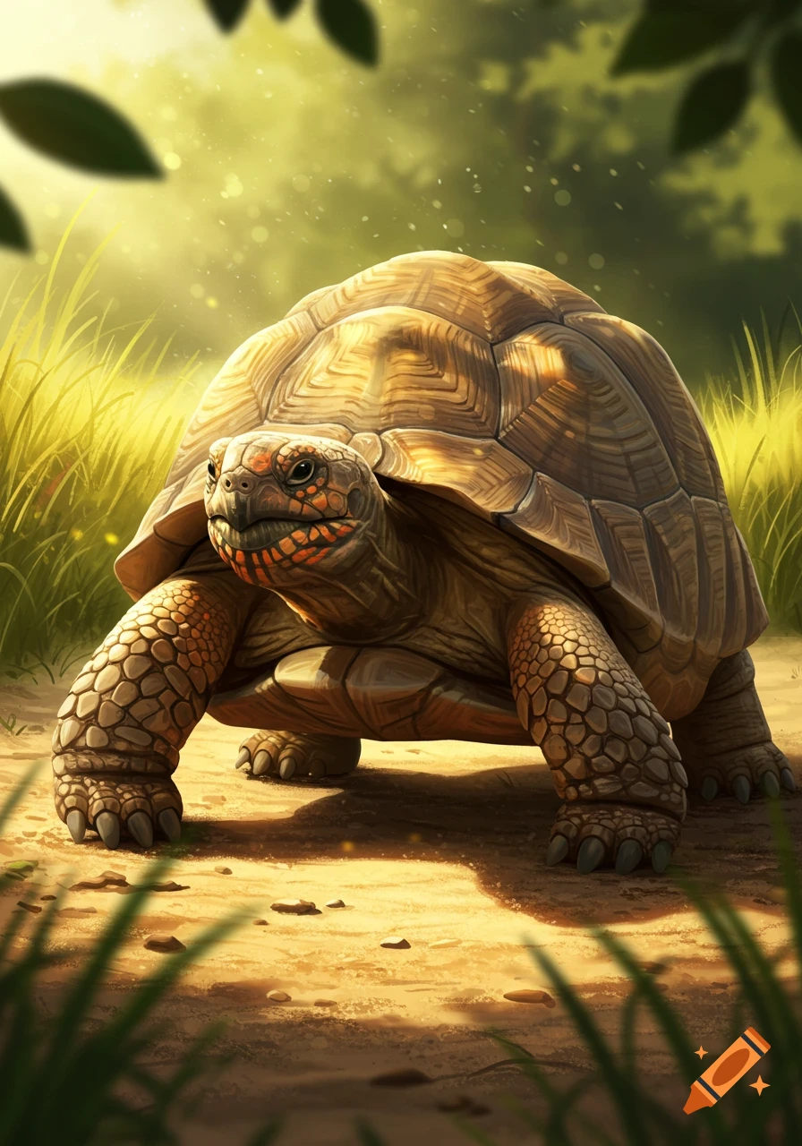 A detailed digital art image of a tortoise with orange and black markings on its face, walking on a sunlit dirt path through tall grass.