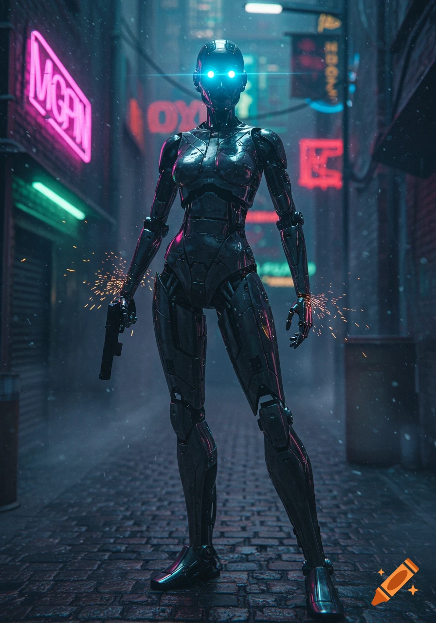 A dark, metallic robot with glowing blue eyes stands in a rainy, neon-lit cyberpunk alley, holding a pistol and emitting sparks from its hands.