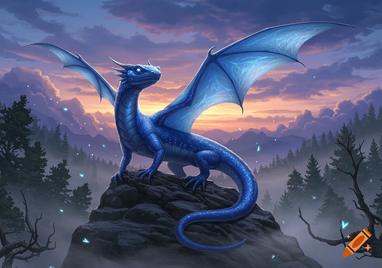 A majestic blue dragon with glowing wings perches on a rock at sunset amidst misty mountains and glowing particles.