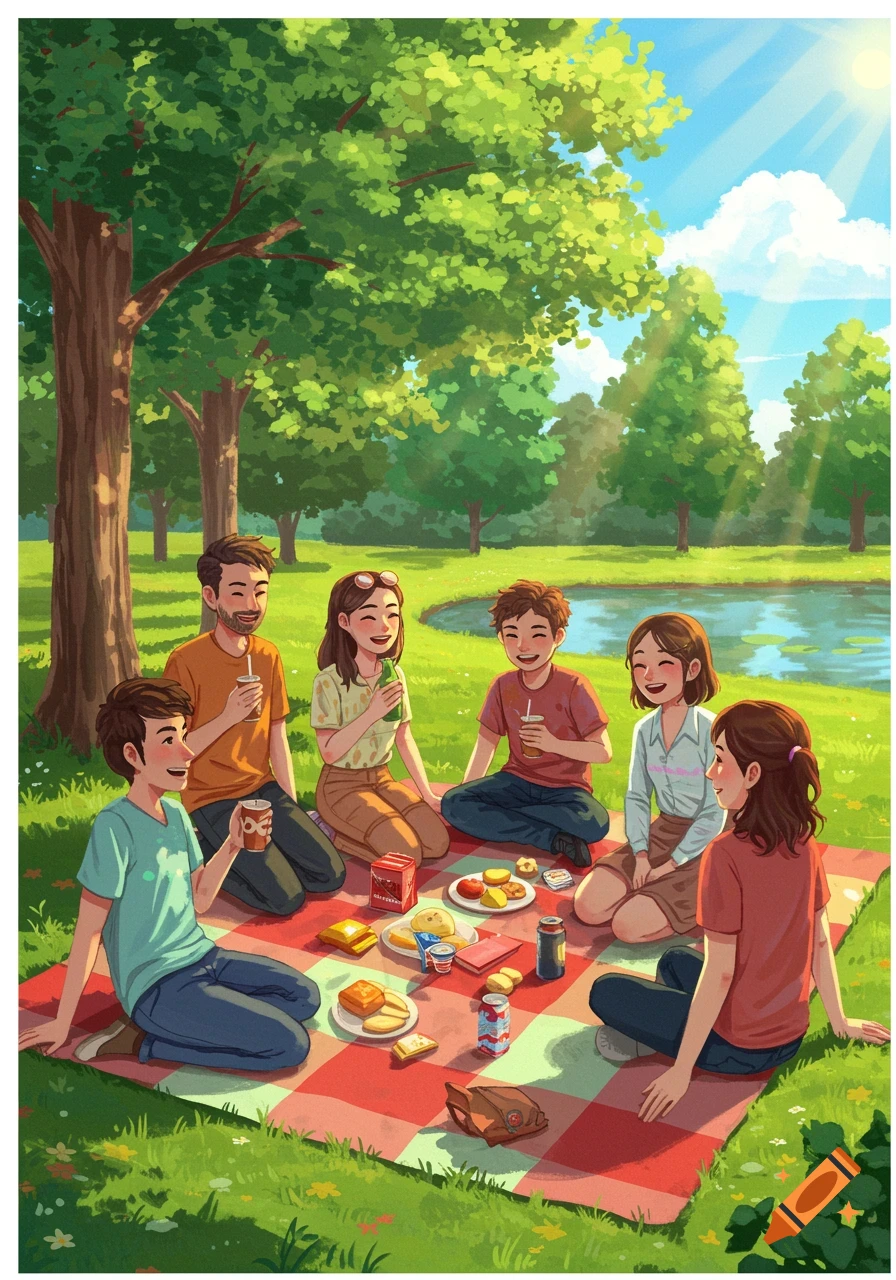 An illustration of six friends having a picnic by a pond in a sunny park.