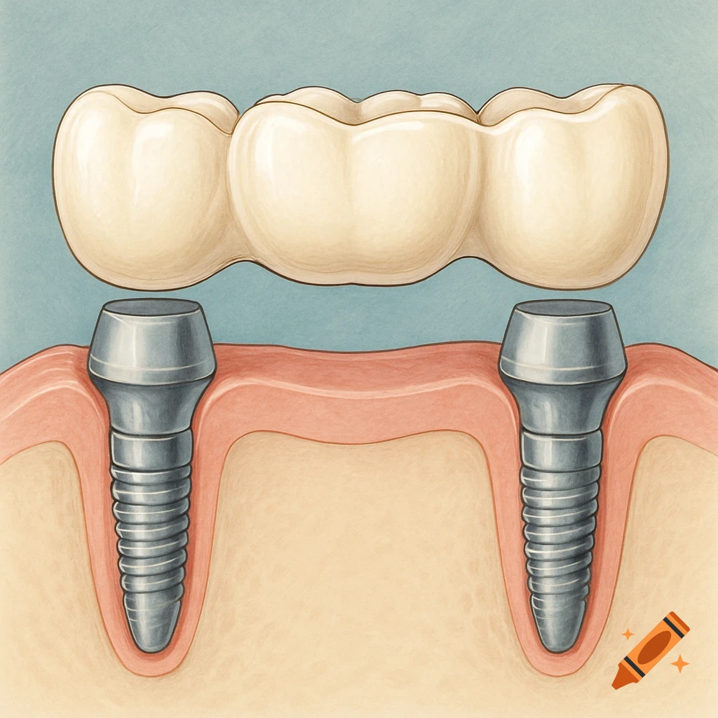 A detailed colored drawing illustrating a dental bridge implant, showing three prosthetic teeth supported by two titanium implants in gum and bone.
