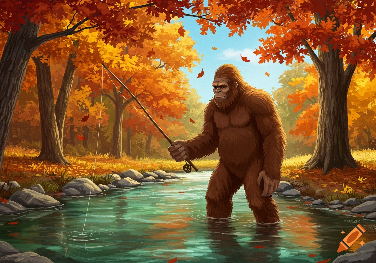 A cartoon Sasquatch fishes in a river in a vibrant autumn forest with red and orange trees.
