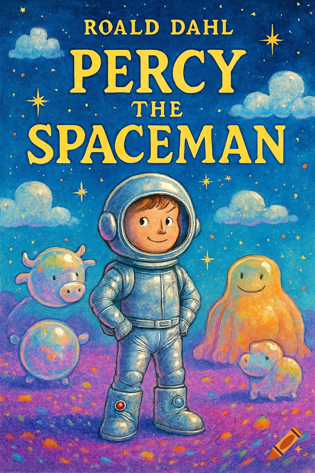 A whimsical children's book cover illustration titled "Percy the Spaceman" by Roald Dahl, featuring a boy in an astronaut suit surrounded by friendly alien creatures on a colorful alien planet.