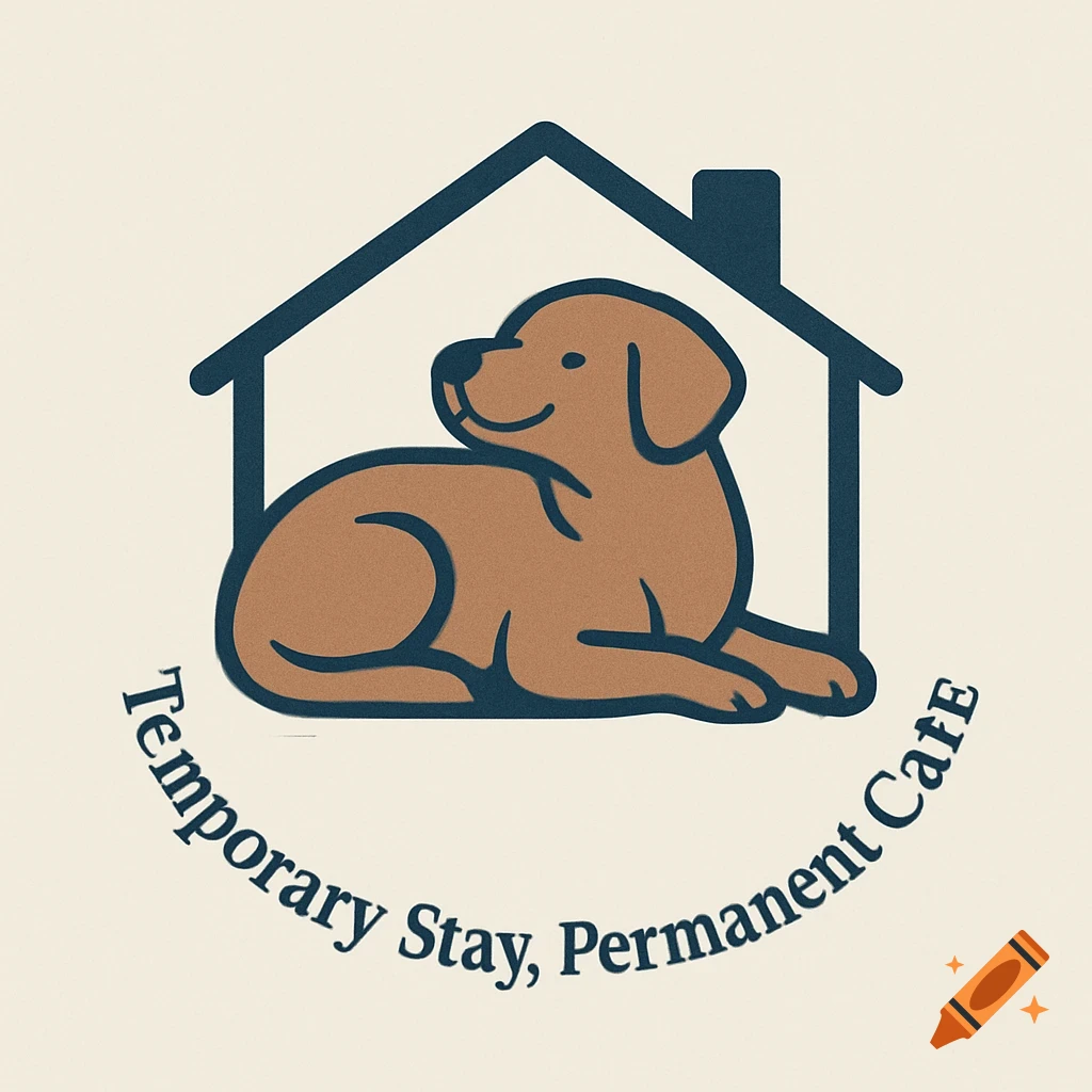 A brown cartoon dog lying down inside the outline of a house, with the text "Temporary Stay, Permanent Care" curved below it.