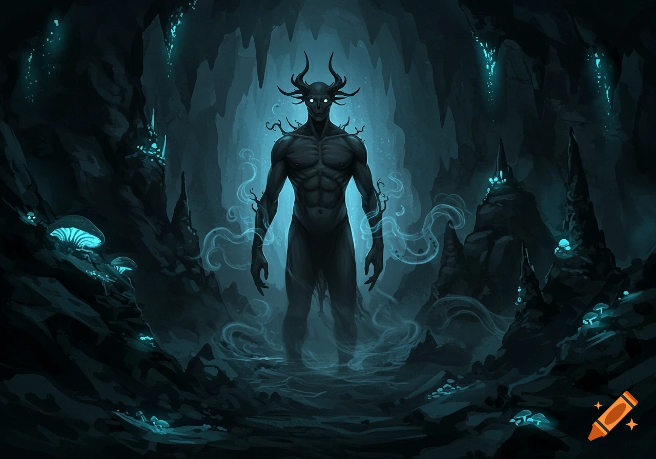 A dark, horned abyssal entity with glowing white eyes and tendrils of smoke stands in a glowing teal cave.