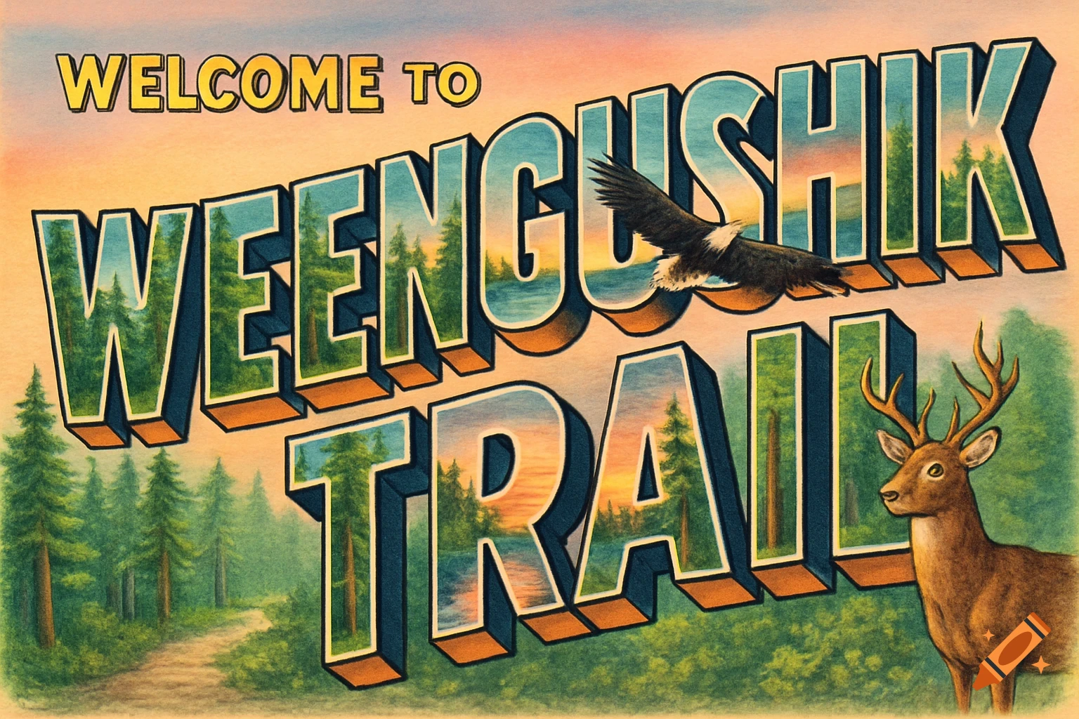 Vintage-style postcard illustration with 'WELCOME TO WEENGUSHIK TRAIL' in large 3D letters, featuring pine forests, a lake, a deer, and an eagle.