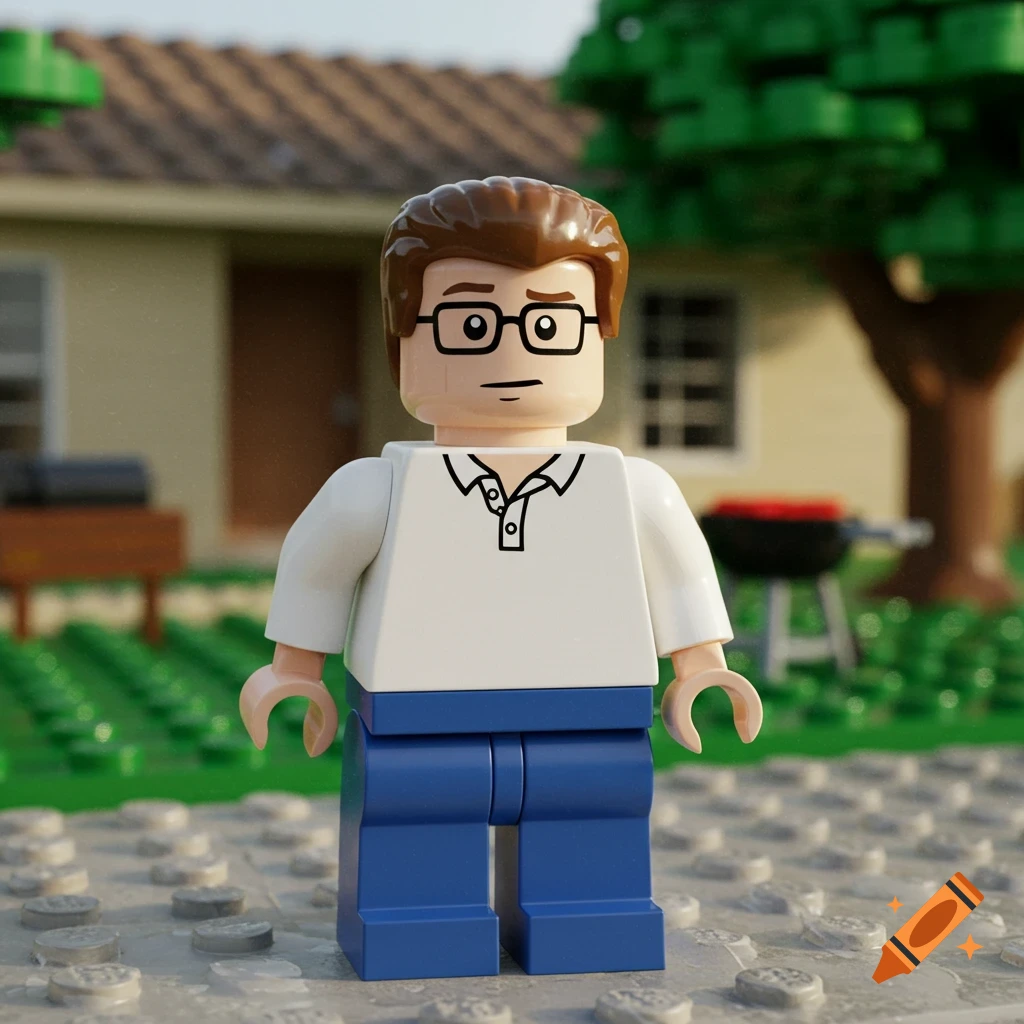 A Lego minifigure resembling Hank Hill in a white polo and blue pants stands in a Lego backyard with a house and grill.