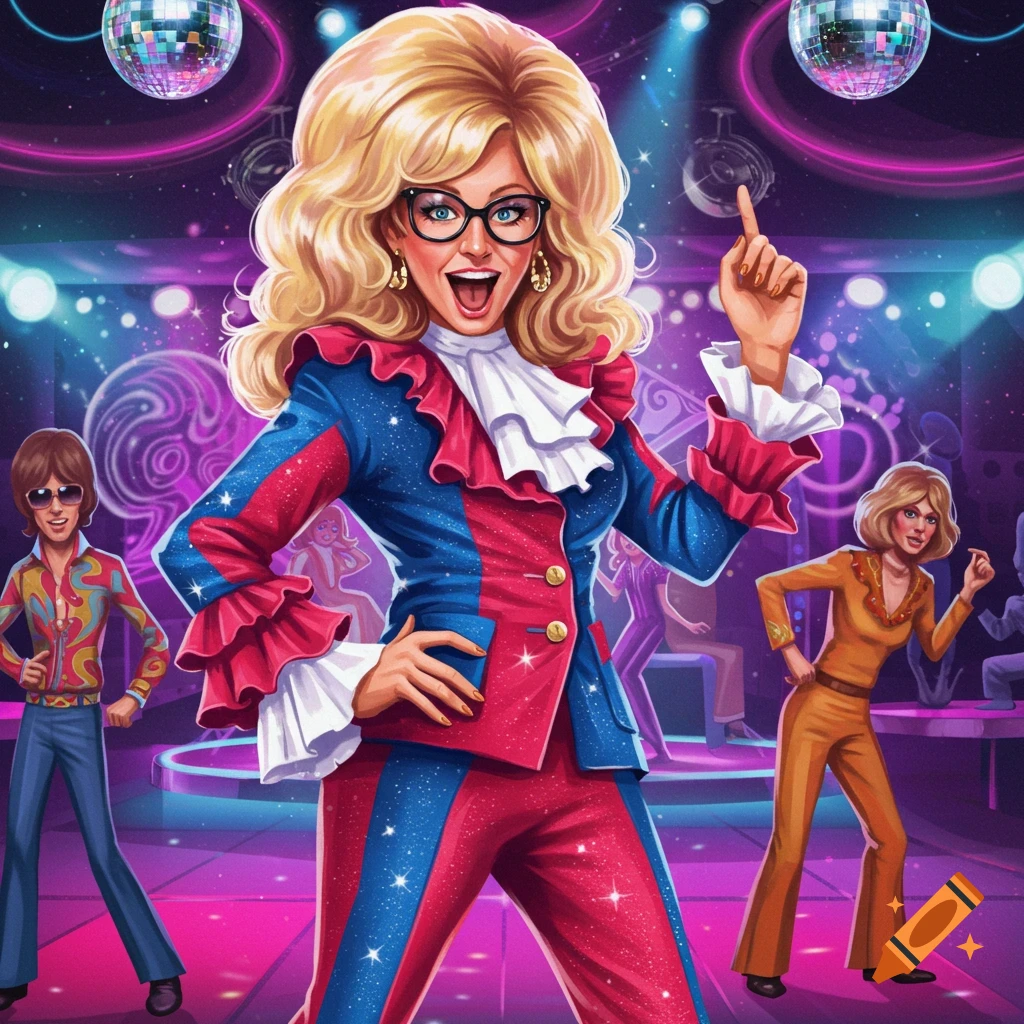 A vibrant illustration of a blonde woman in a red and blue disco suit and glasses, posing in a 70s disco club with other dancers.