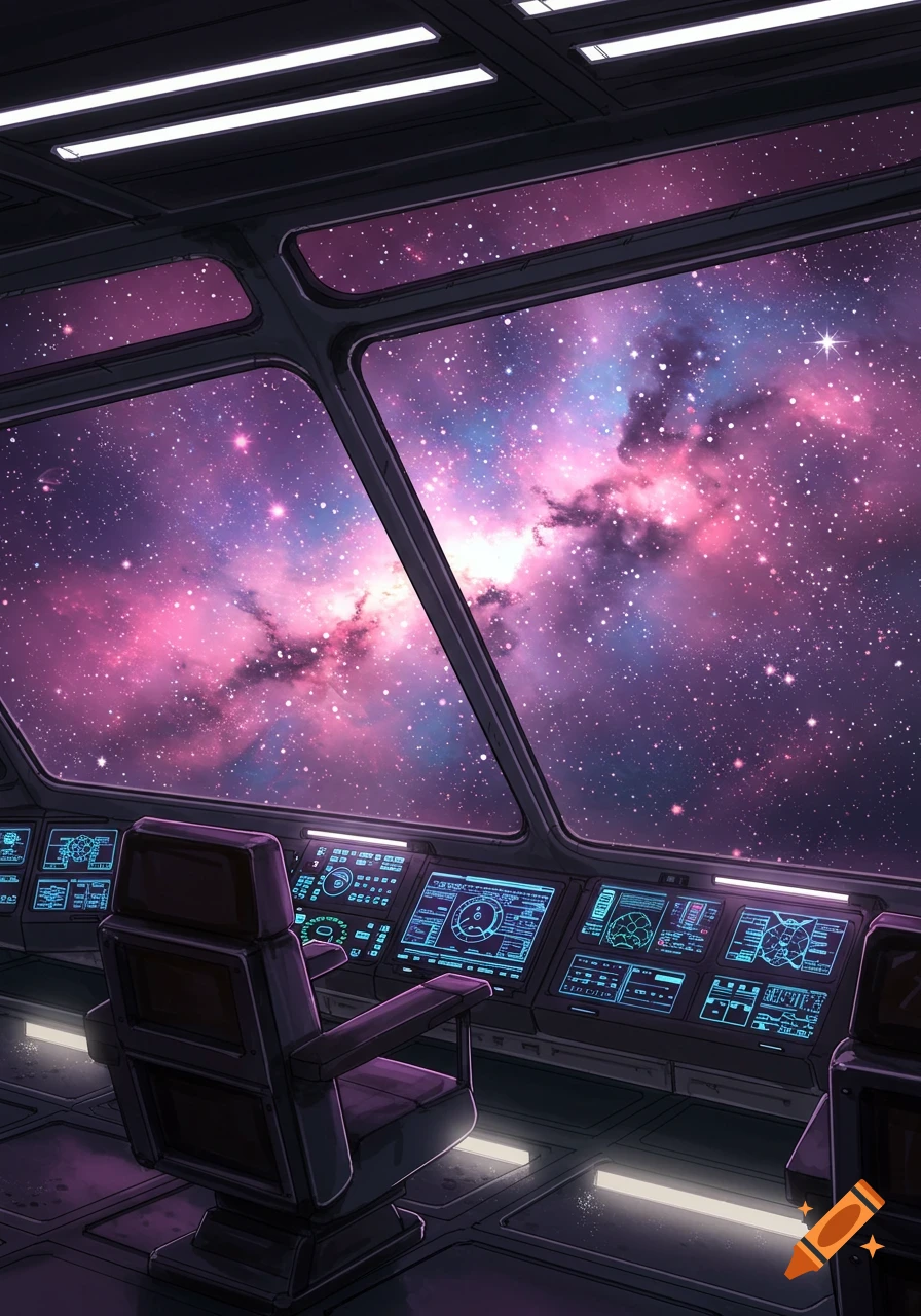 View from inside a futuristic spacecraft cockpit looking out at a vibrant pink and purple nebula and starry sky.